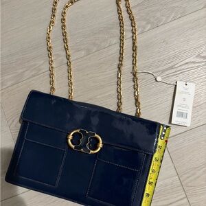 Tory Burch Gemini Link Patent Leather Golden Chain Large Shoulder Bag/ NWT